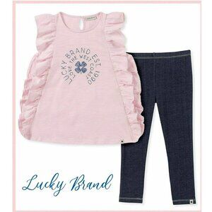 NEW Lucky Brand 2 piece Ruffled Sleeve Logo Outfit Set Top Shirt leggings Pants